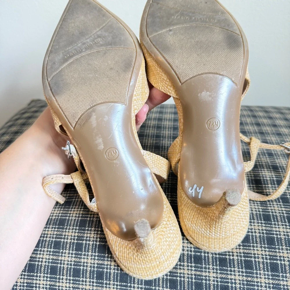 Marc Fisher Zala Woven Raffia Slingback Kitten Heel Pump Size 7.5 Tan
